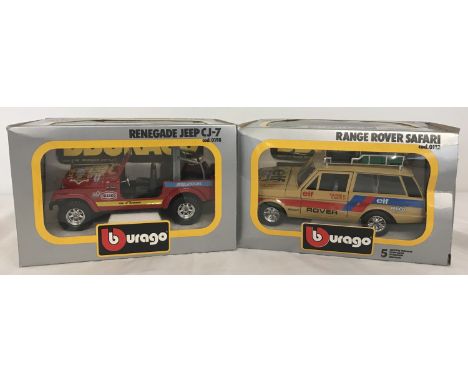 2 boxed Burago diecast 1/25 scale collectors vehicles. Comprising: Range Rover Safari (cod0112) together with a Renegade Jeep