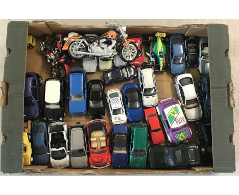 A box of assorted diecast cars, racing cars and motorbikes, in various scales. To include: Maisto, Welly, Burago and Schuco. 
