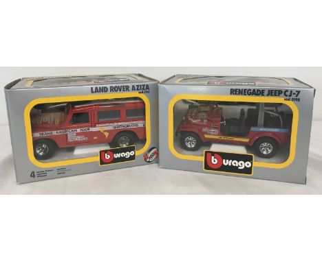 2 boxed Burago diecast 1/25 scale collectors vehicles. Renegade Jeep CJ-7 (cod0198) together with a Land Rover Aziza (cod0161