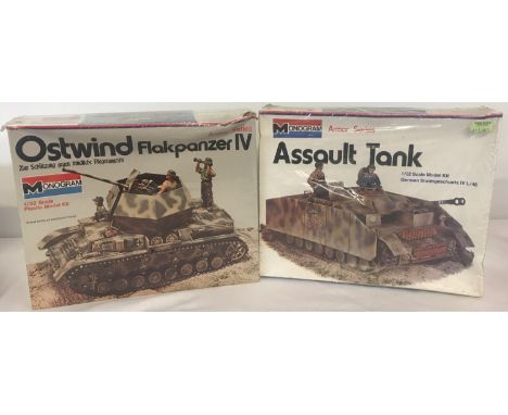 2 vintage sealed 1:32 scale plastic unassembled model kits of German tanks, by Monogram . A Ostwind Flakpanzer IV together wi