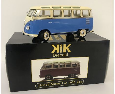 A brand new in box, limited edition 1:18 scale VW Campervan by KK Scale. In blue and cream colourway. From a private collecti