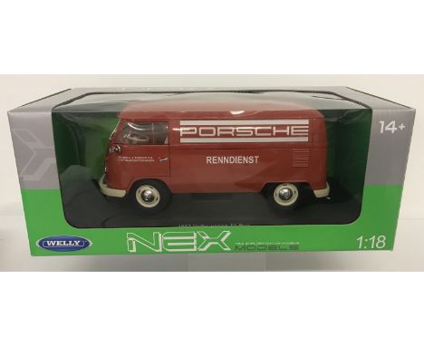 A boxed 1:18 scale Nex Models 1963 VW T1 Bus, Porsche Renndienst decal by Welly. In red and cream colourway. From a private c