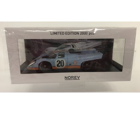 A boxed 1:18 scale, limited edition Porsche 917K-24h Le Mans 1970, by Norev. Car number 20, Siffert/Redman. Pale blue and ora