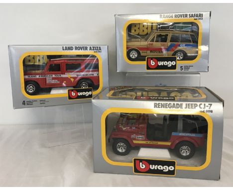 3 boxed Burago diecast 1/25 scale collectors vehicles. Comprising: Range Rover Safari (cod0112), Renegade Jeep CJ-7 (cod0198)