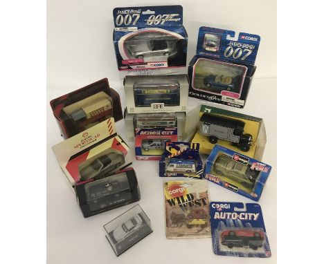 A box containing 14 boxed diecast vehicles to include Corgi, Matchbox and Burago. Lot includes: 2 boxed Corgi James Bond 007 