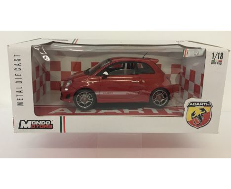 A boxed 1:18 scale, Abarth 500 in red by Mondo Motors. Holographic Abarth sticker to front of box. From a private collection.