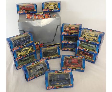 15 boxed Burago diecast cars from the 'Street Fire' Collection, in original shop display box. Comprising: Porsche 911 GT3 Cup