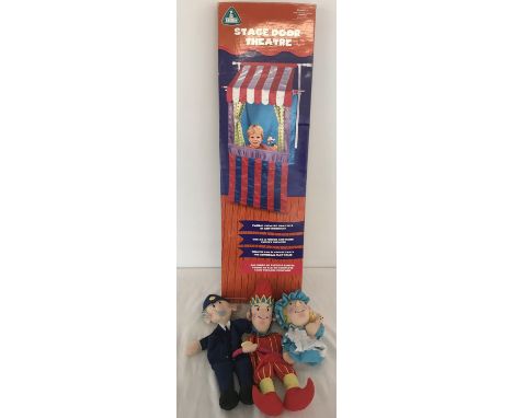 A boxed Early Learning Centre puppet theatre and puppets. Stage door fabric theatre, made to fit into a doorway together with