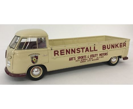 An unboxed 1:18 scale, VW T1 Langpritsche Rennstall Bunker by Premium Classixxs. Porsche decals, in cream and maroon colourwa