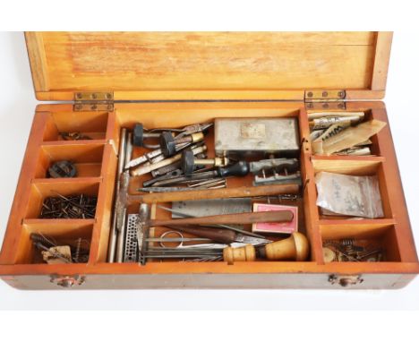 Watch and Clockmaker's Tools etc.,two wooden cases containing tools and materials including antique watch keys, Archimedes dr