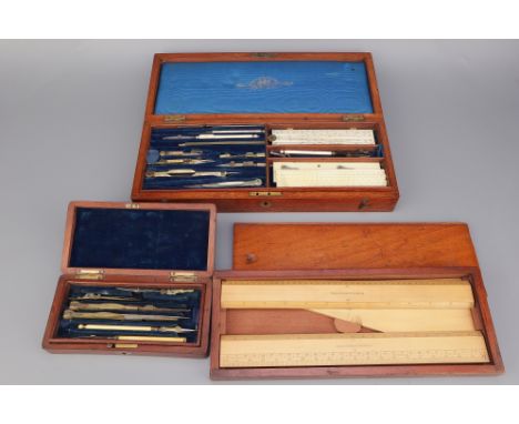 A Large Set of Drawing Instruments by Stanley etc,two tiers, in brass ivory and boxwood including a Stanley parallel pencil, 