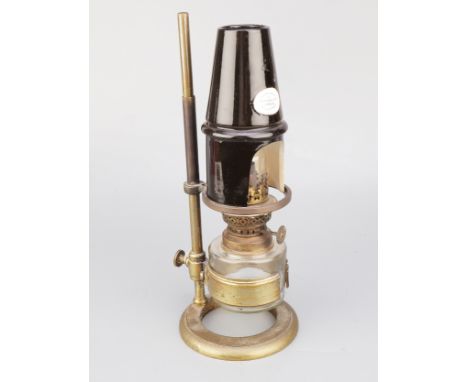 A Microscope Lamp by James Swift,c. 1872-1877, height adjustable, black ceramic cowl transfer printed ' James Swift 43 Univer