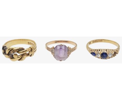 An 18ct Edwardian keeper ring, sapphire &amp; diamond and amethyst ringwith 18ct gold hallmark dated 1902-3 on keeper ring, a