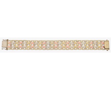 An Italian 9ct gold tri colour fancy gate braceletwith import marks to the snap clasp and two figure eight safety catches fea