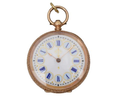 A 14ct gold open faced key wind pocket watch the enamel dial with Roman numerals encircled within chapter ring, gilt spade ha