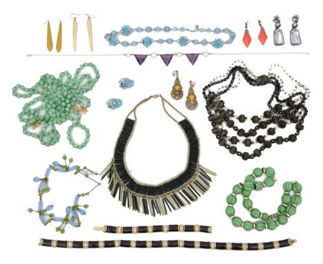 A collection of costume jewelleryto include a pair of Givenchy crystal and gunmetal drop ear pendants, a1930s Czech satin app