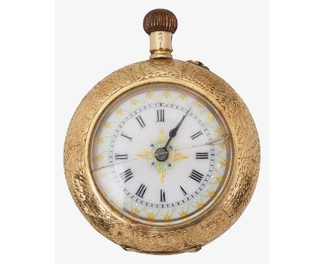 A 14ct gold open faced keyless pocket watchthe enamelled dial with pale green enamel chapter ring with raised gilt decoration