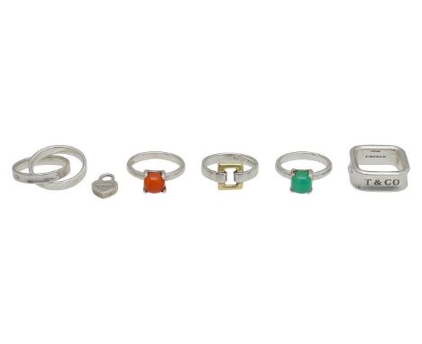 A collection of Tiffany rings and a small tag heartfeaturing a pair of Paloma Picasso stone set green agate and orange agate 