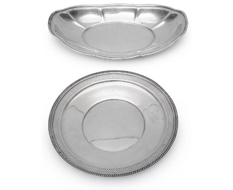 An American silver basket and and dishfirst stamped sterling, oval with raised petal edged sides, second stamped sterling Fis