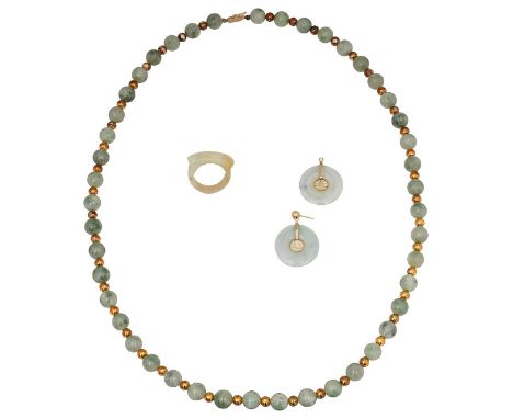 A single row jade necklace, a pair of ear jade pendants and a jade ringfirst the beads alternating with smaller gilt lustre b