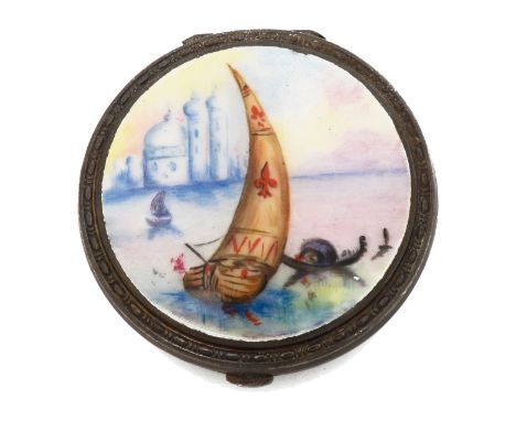 A George V silver and painted guilloche enamel powder compactBirmingham, 1928, Crisford &amp; Norriscircular, the hinged lid 