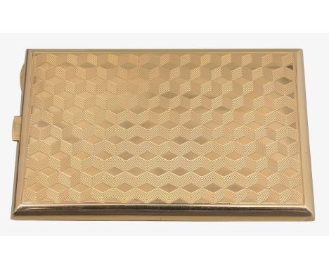 A Continental 18ct gold cigarette/card case of slim rectangular form with engine turned tumbling block pattern with spring lo