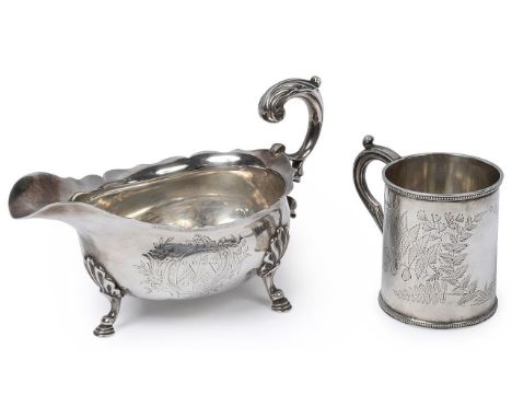 A George II silver sauceboat and a Victorian christening mugfirst London, date letter rubbed but 1752, maker marks indistinct