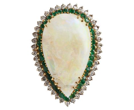 A large opal and gem-set ringthe large pendeloque opal (damaged) measuring approx. 3.7cm x 2.1cm x 1.6cm claw-set above the b