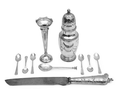 A George V silver sugar caster and other silverfirst Birmingham, 1932, Elkington &amp; Co., of ovoid from with Greek key bord