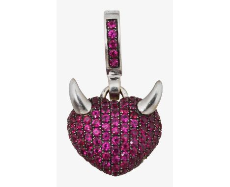 An 18ct white gold and ruby Theo Fennell devil heart pendantwith pave-set rubies, set in 18ct white gold heart, stamped with 