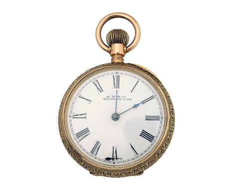 A Waltham open faced keyless pocket watch the enamel dial with Roman numerals, case chased with scroll decoration and cartouc