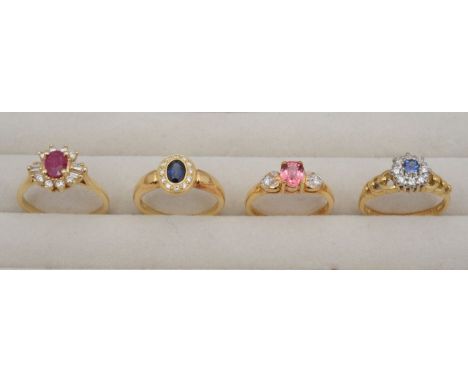 A collection of 18ct diamond sapphire rings and a 14ct ruby ringwith 18ct hallmark to pink oval sapphire ring and round brill