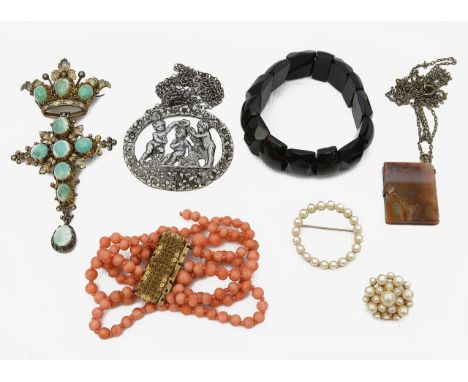 A 19th century silver-gilt and turquoise crowned cross pendant brooch and other jewelleryfirst, cut down collet set, the crow