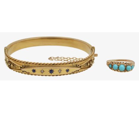 A 9ct Victorian diamond and sapphire bangle and turquoise ringwith 9ct Chester hallmark 1899-1900 featuring three gypsy set m