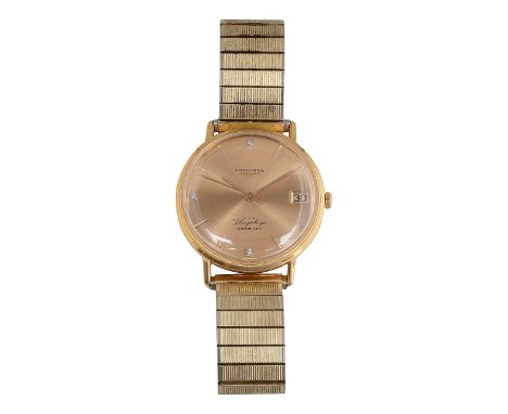 A Longines 18ct gold Flagship automatic calendar gentleman's wrist watchwith rose gold dial, raised baton numerals and diamon