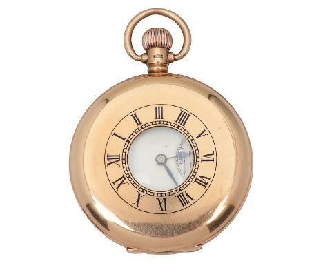 A 9ct gold half hunter pocket watch the enamel dial with Arabic numerals, blued steel hands, and subsidiary seconds dial, the