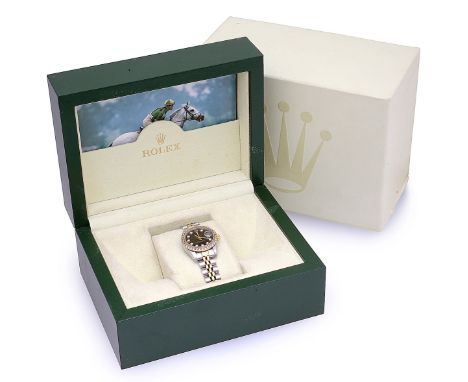 A lady's Oyster Perpetual gold, diamond and steel automatic Date just wristwatch the black dial with diamond markers, date ap