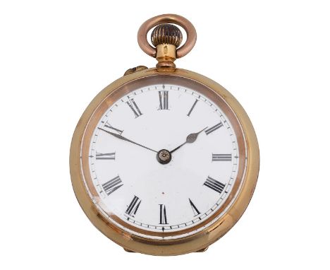 An 18ct gold open faced keyless fob watch the enamel dial with Roman numerals, marked on the inside of the case  back 18Ktota