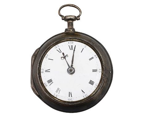An George III silver verge pair cased pocket watchthe white enamel dial with black Roman numerals, minute markers and outer A