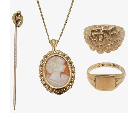 A 9ct cameo necklace, two signet rings and a stick pinwith 9ct hallmark to cameo and chain, an oval cameo shell, head facing 