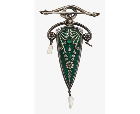 A German Jugendstil enamel and silver pendant by Heinrich Levinger, circa 1890, the green enamel attenuated shield applied wi