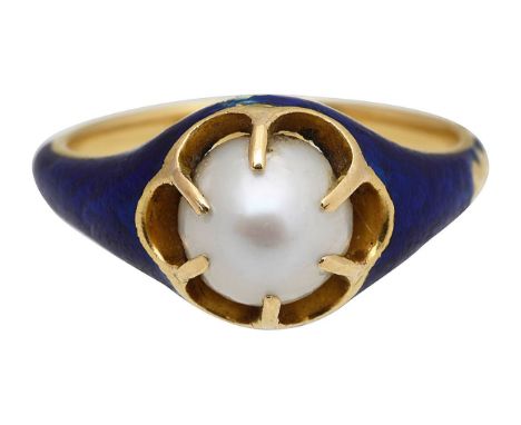 A mid Victorian pearl, enamel and yellow gold ringthe central pearl (untested) claw-set to the tapering Royal blue enamelled 