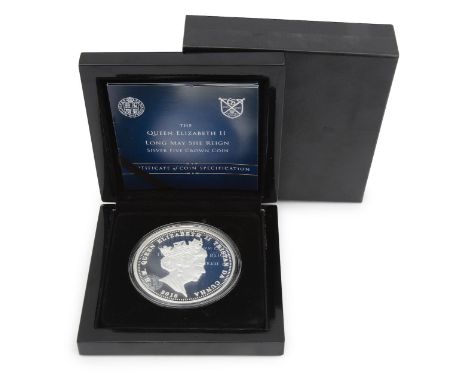 Queen Elizabeth II. Long May She Reign Silver Five Crown Coin, 2018obverse; portrait of HM Queen Elizabeth II, dated 2018 bel
