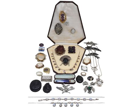 A collection of Victorian and later silver and costume jewelleryto include a 9ct five stone emerald and diamond ring, an amet