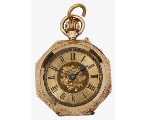 A 14K keyless fob watchthe octagonal case set with circular dial with Roman numerals with blued steel handles and Roman numer