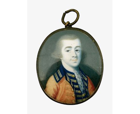 Gustavus Hamilton (Irish, c.1739-1775)'Portrait of an Infantry Officer', wearing a powdered wig en queue, a gold braided blue