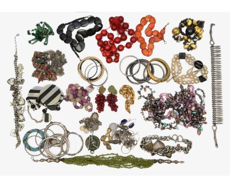 A collection of silver and costume jewelleryto include a pair of Christian Dior gold plated double maple leaf ear pendants in