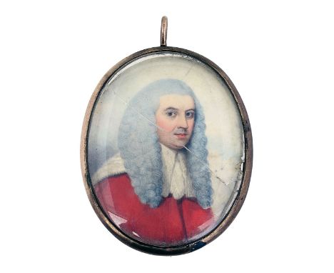 Early 19th century British School. Portrait miniature of a judgefacing right, wearing a full bottomed wig, red robes with erm