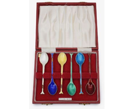 A Danish silver-gilt and enamel harlequin set of six coffee spoonsstamped Meka Sterling Denmark, London import marks, in a fi