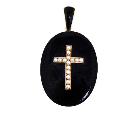 A Victorian enamel and seed pearl locketof oval form with raised central cross set with seed pearls, with aperture to the rev